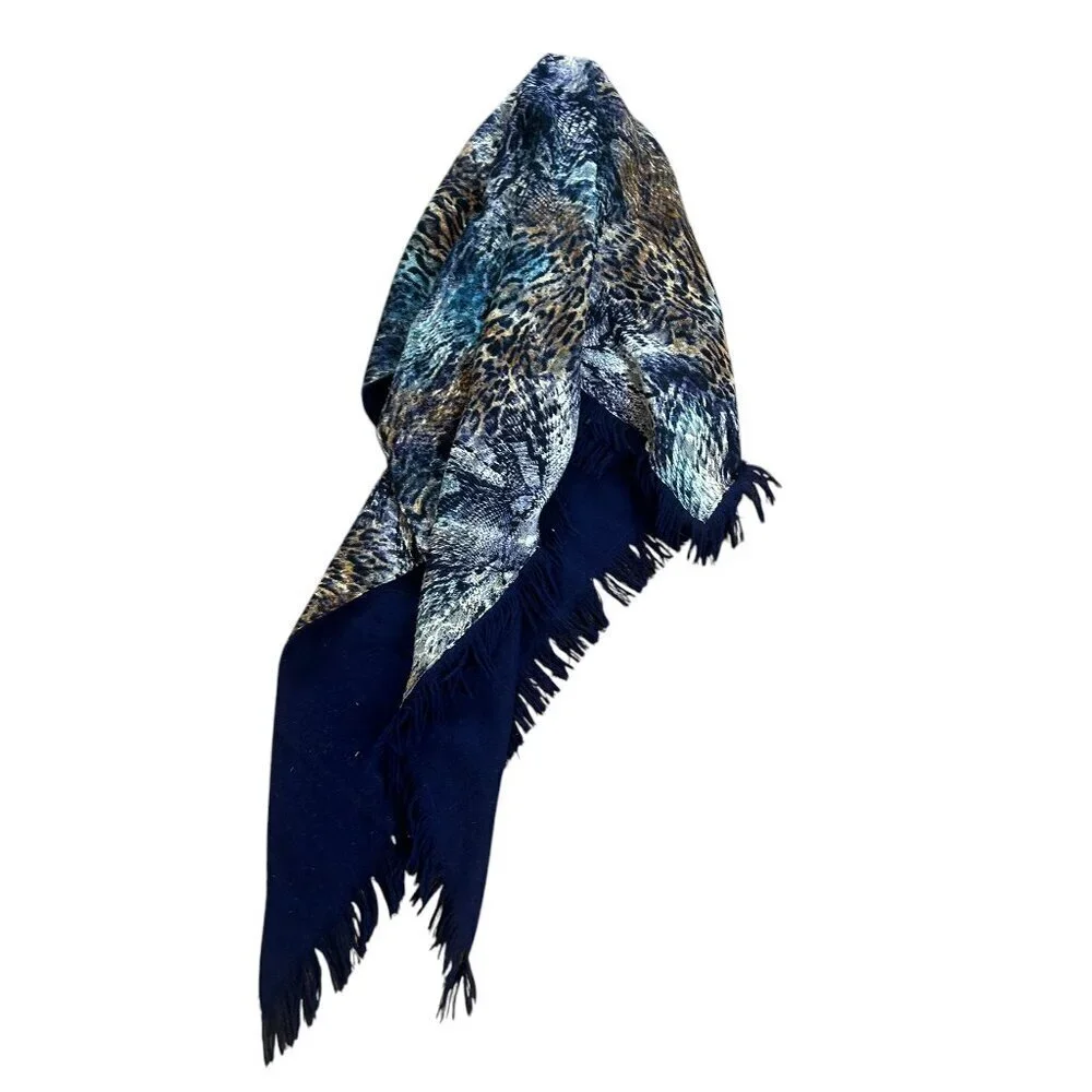 Nordstrom Blue Brown Leopard Animal Mesh Shawl Fringe Scarf
